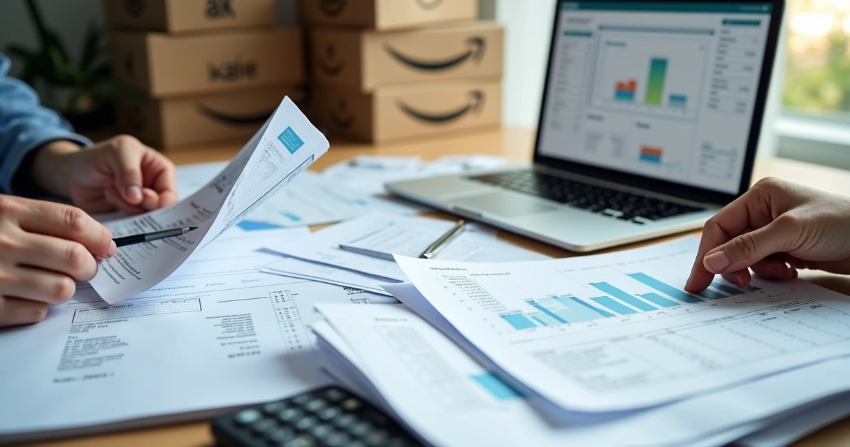 Pessoa organizando documentos fiscais sobre uma mesa 