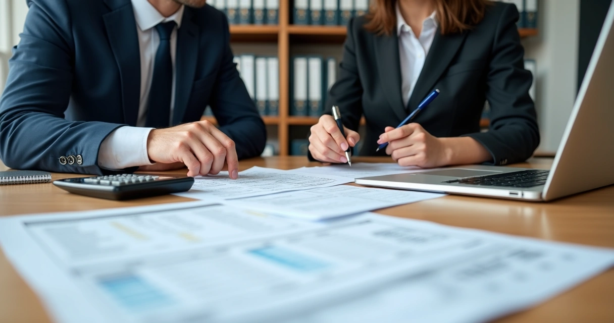 Mesa com documentos fiscais sendo analisados por duas pessoas em trajes sociais 