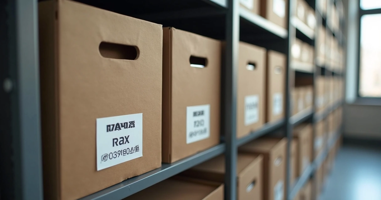 Documentos fiscais organizados em pastas e caixas