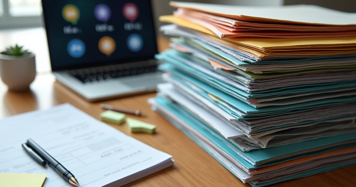 Pilha organizada de documentos fiscais em pastas etiquetadas 