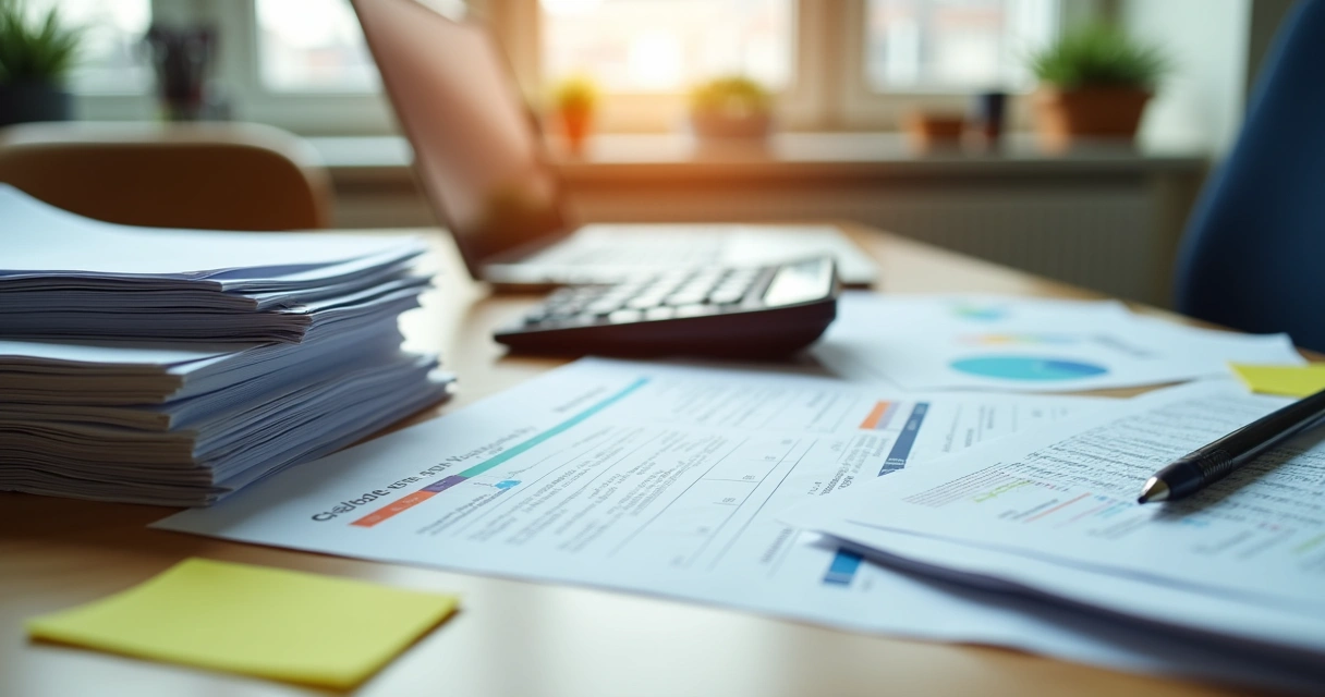 Mesa de escritório com pilha de notas fiscais, calculadora, computador e relatórios contábeis 