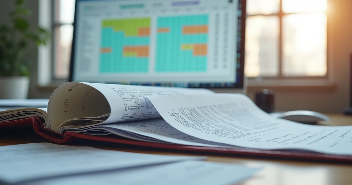 Documentos fiscais organizados em carteira com tabela ao fundo 