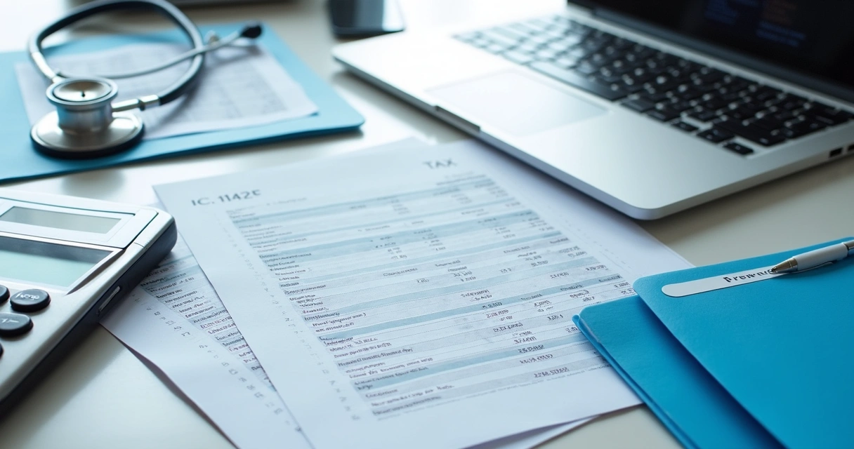Documentos fiscais e calculadora sobre mesa de escritório