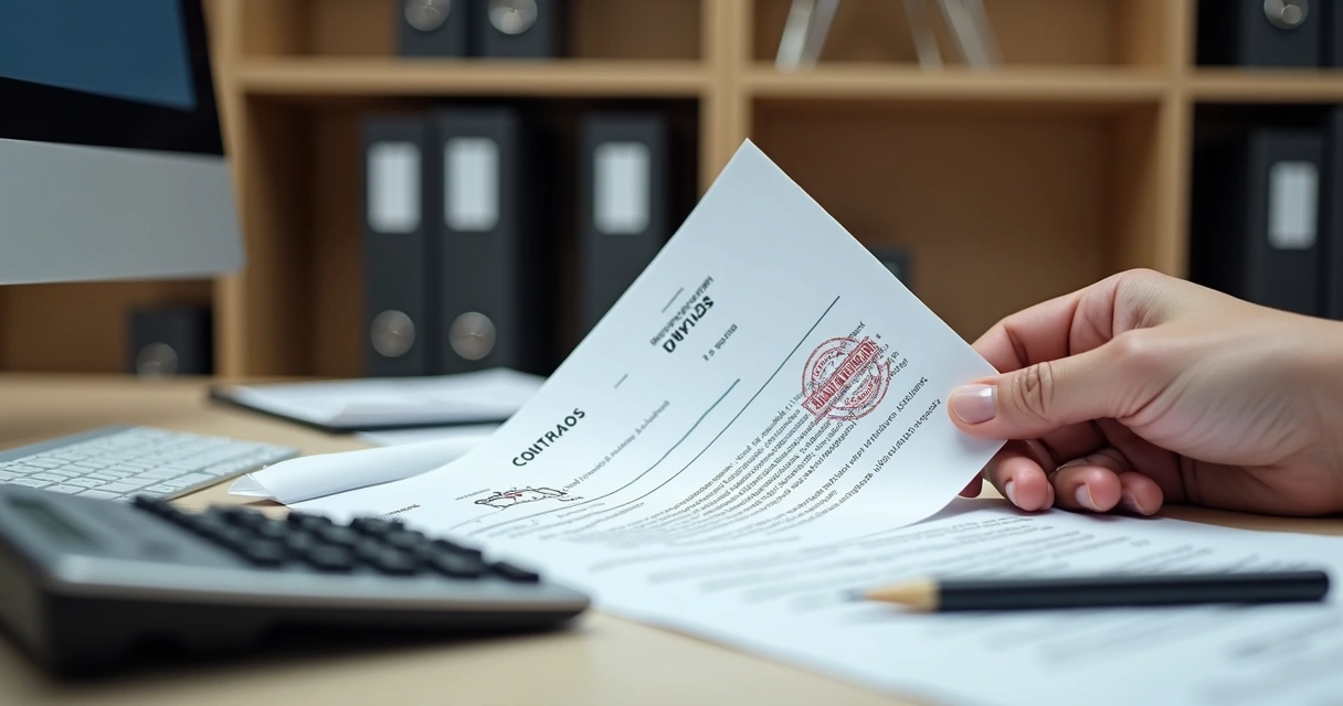 Mesa com documentos fiscais e calculadora ao lado de contrato