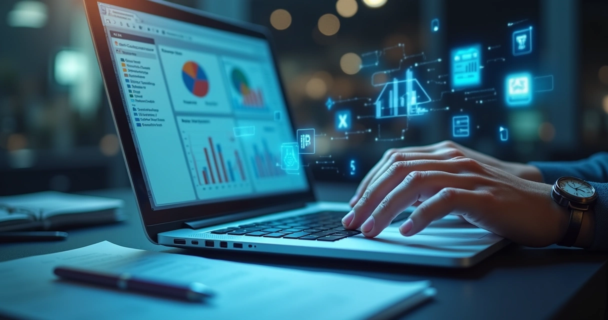 Documentos fiscais digitalizados ao lado de notebook 