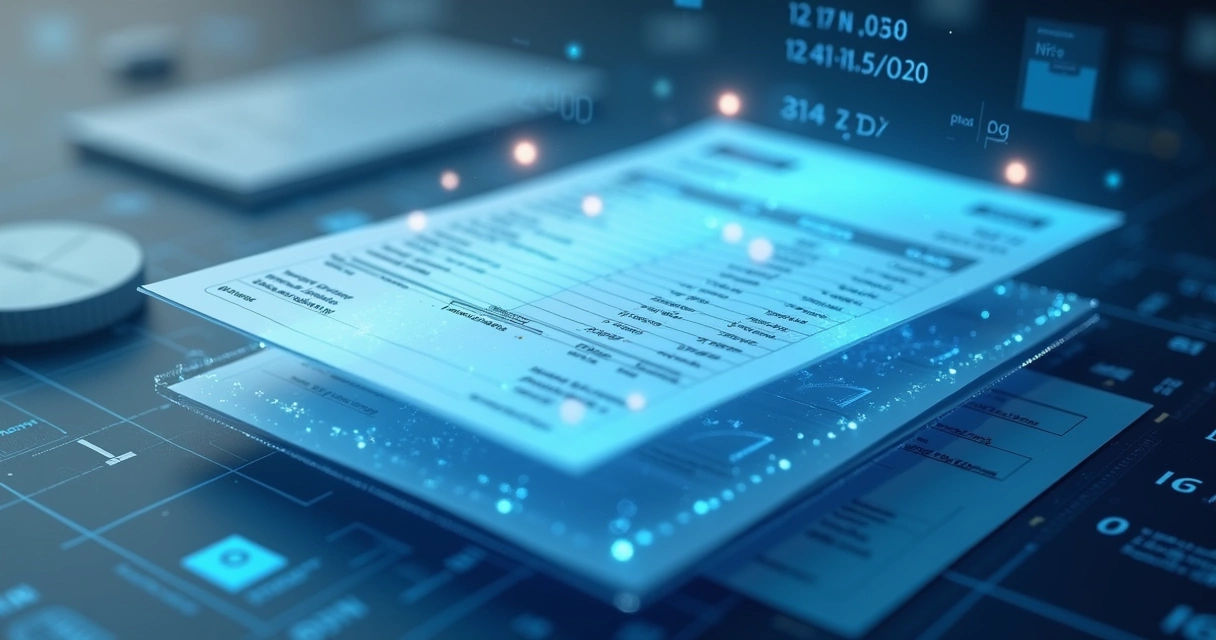 Multidão de documentos fiscais digitais em sobreposição, com gráficos e dados ao fundo.