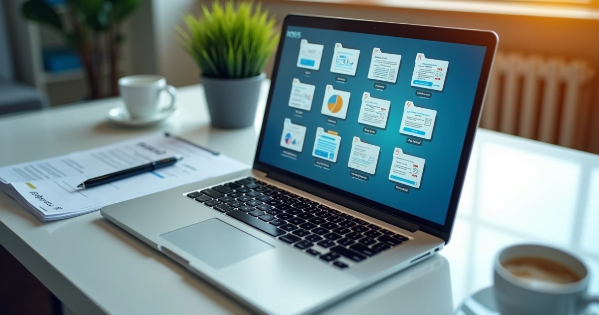 Diversos documentos fiscais digitalizados em pastas organizadas num notebook na mesa