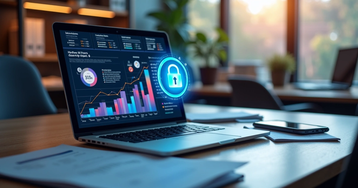 Computador exibindo documentos fiscais eletrônicos, gráficos de compliance e cadeado digital na tela 