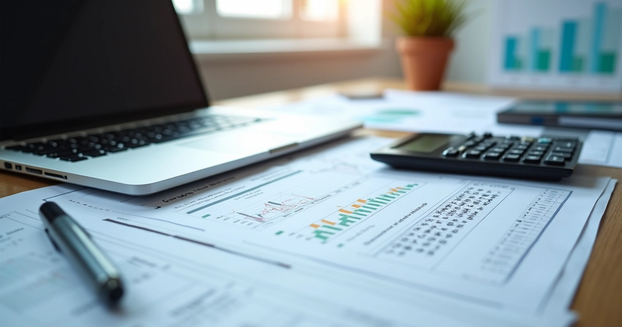 Mesa com documentos fiscais organizados e um notebook aberto