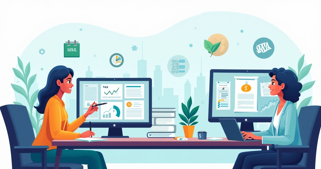 Reunião de trabalho com equipe analisando documentos fiscais digitais em telas de computador 