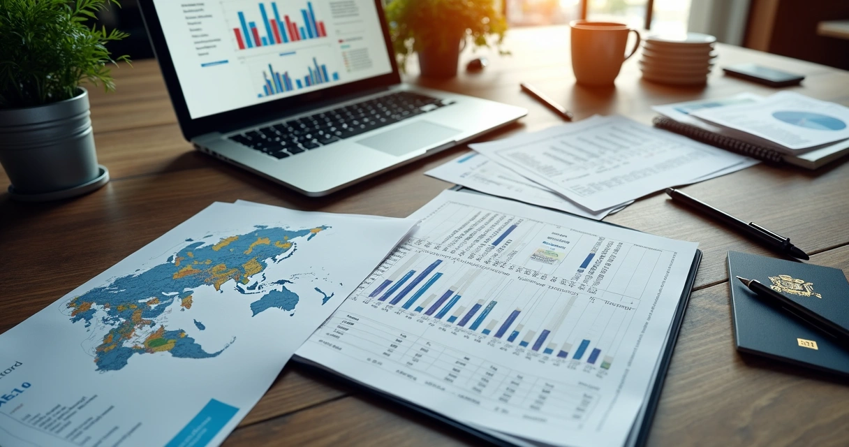 Documentos fiscais espalhados sobre mesa de escritório internacional. 