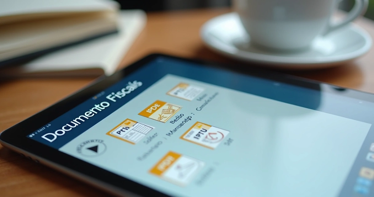 Pasta digital aberta em tablet mostrando documentos fiscais de aluguel organizados