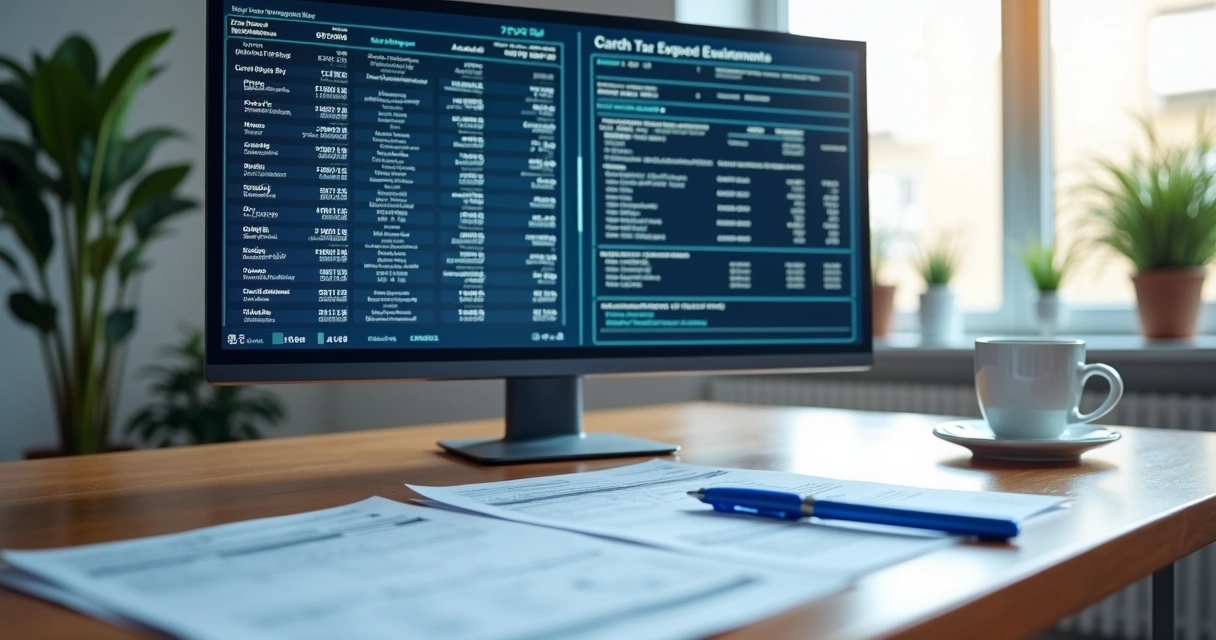 Monitor mostra documentos fiscais digitais lado a lado, mesa de trabalho com papéis e xícara de café 