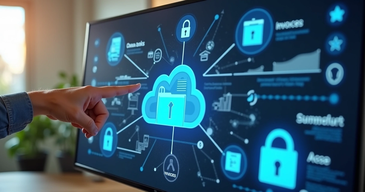 Telas de sistema de gestão mostrando organização de documentos fiscais na nuvem 