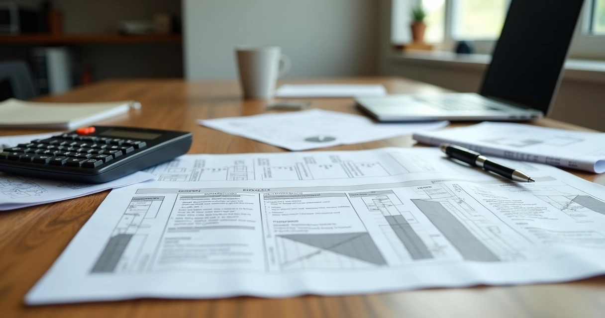 Documentos fiscais de obra sobre mesa com calculadora e planta 