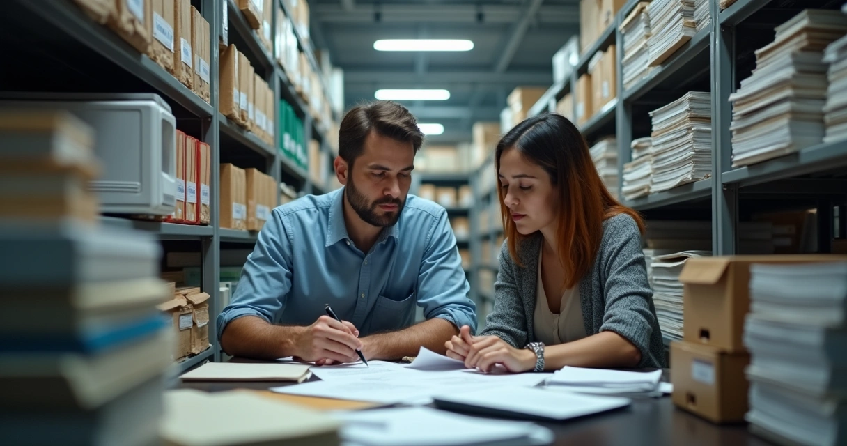 Pilhas de documentos organizados em estantes de escritório