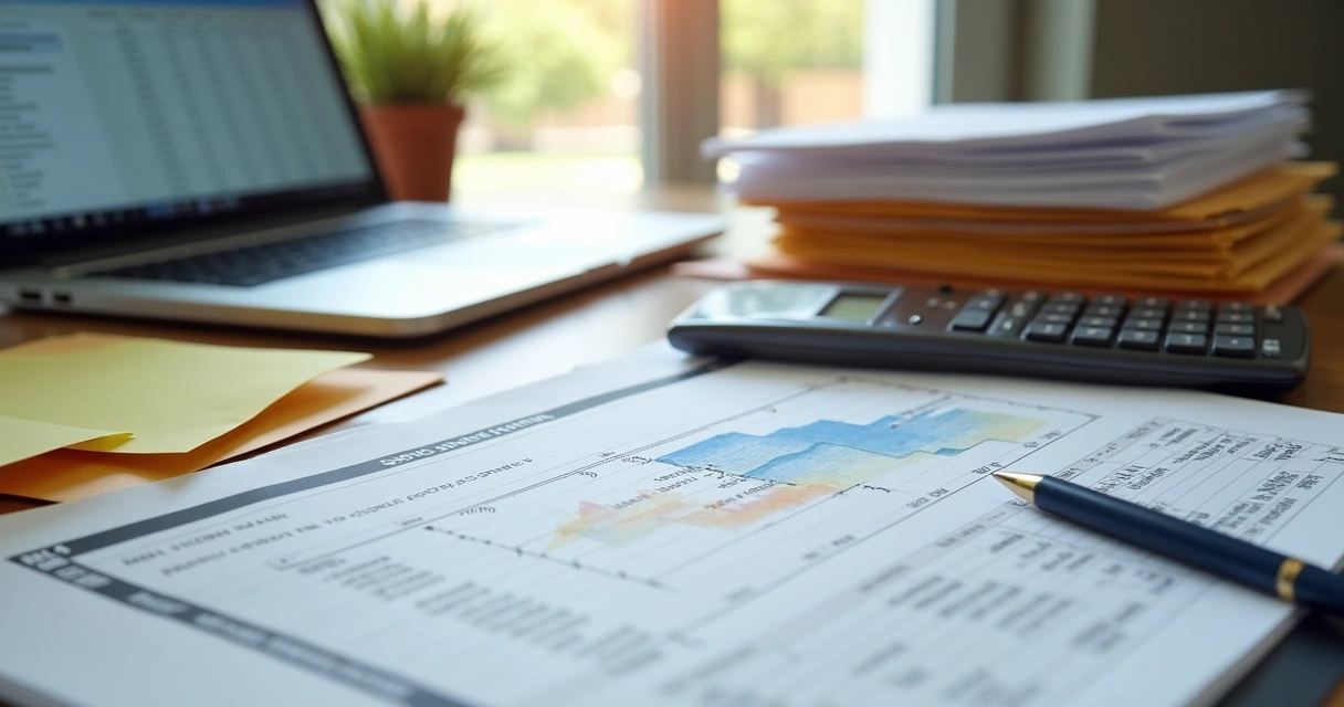 Mesa com documentos fiscais organizados, calculadora e computador portátil