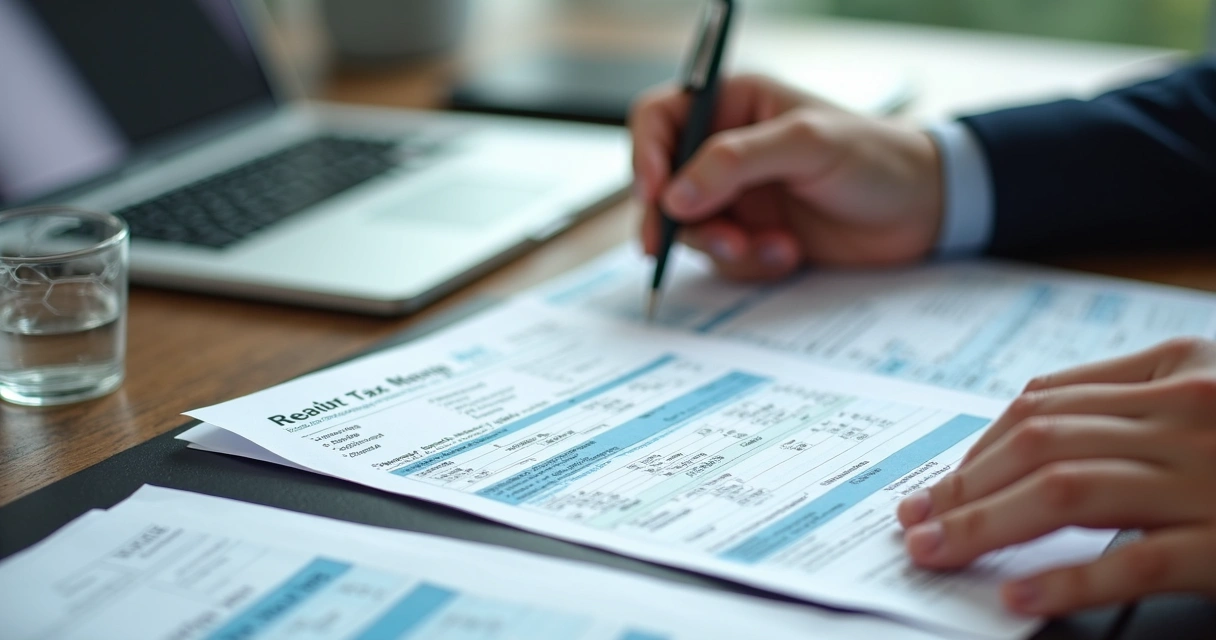 Pessoa analisando declarações fiscais com planilha e documentos 