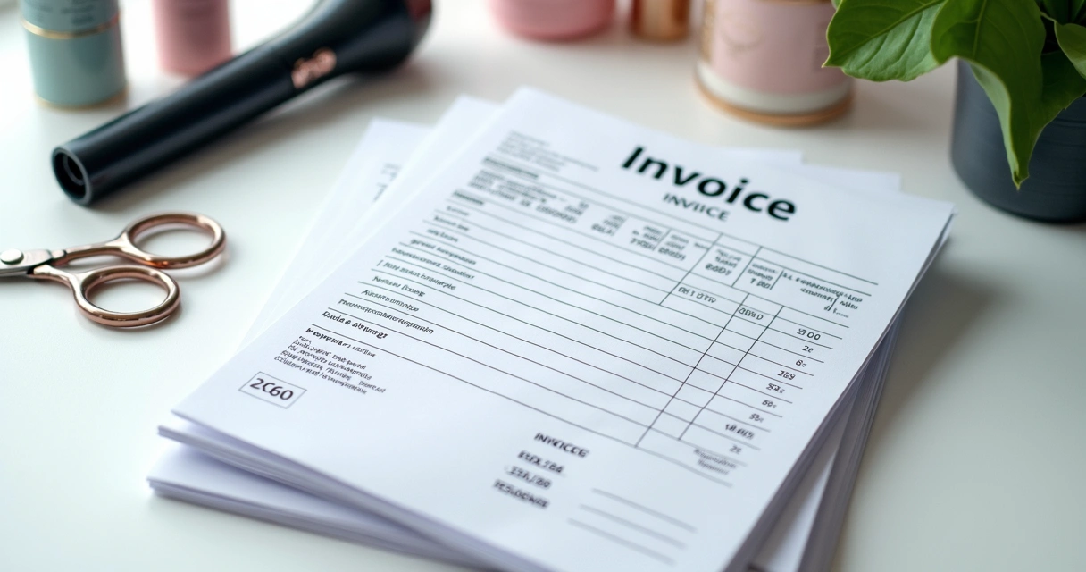 Pilha de documentos fiscais com produtos de salão de beleza ao fundo 