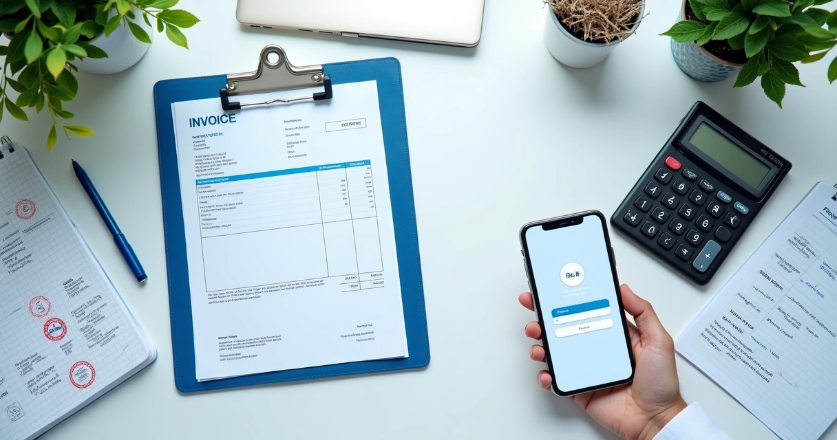 Documentos fiscais organizados em mesa de consultório 