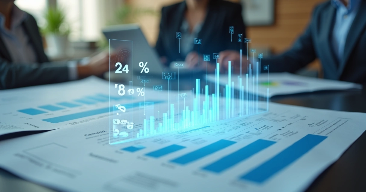 Notas fiscais e documentos fiscais sobre uma mesa, com gráficos de tributos ao fundo 