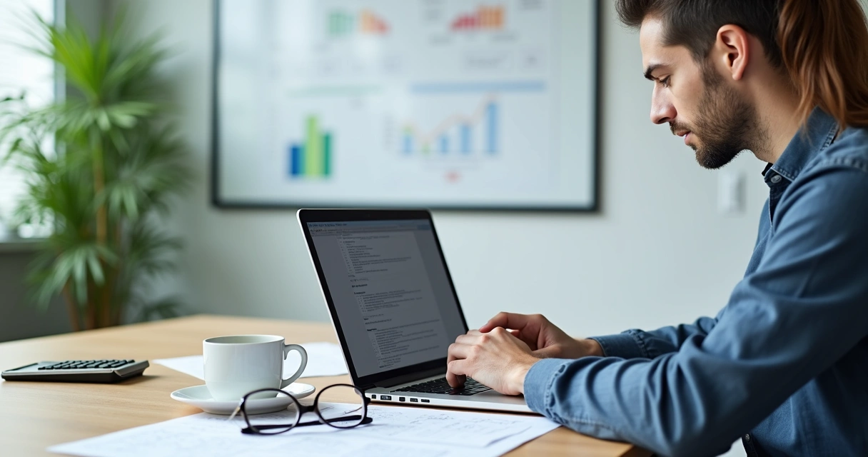 Profissional analisando documentos XML fiscais em notebook e papéis na mesa 