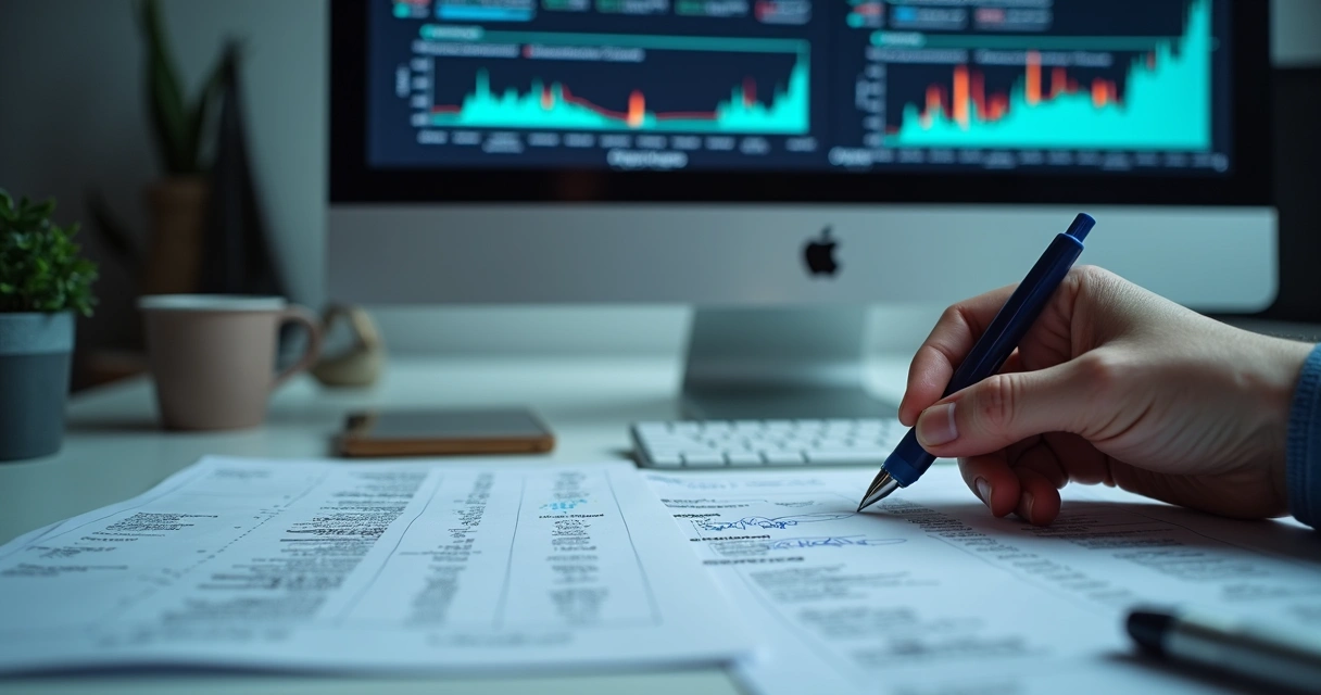 Documentos financeiros, assinatura comparada e tela com alertas de fraude 