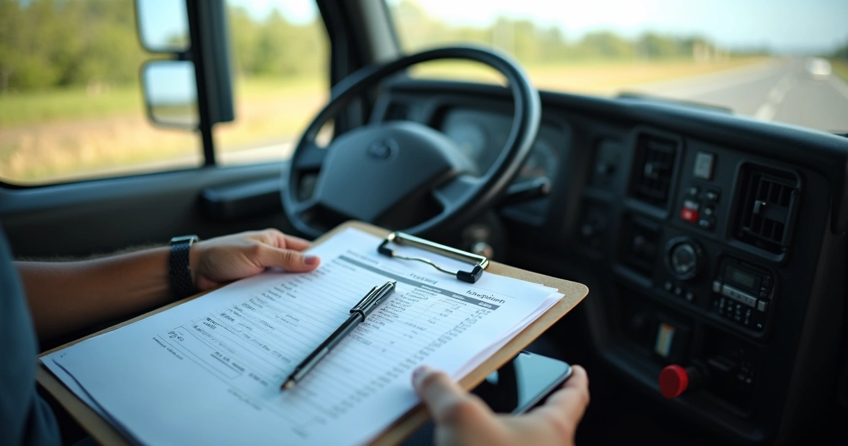 Documentos de frete ao lado de volante de caminhão 
