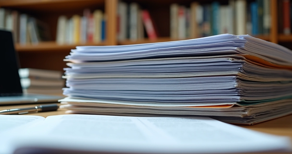 Pilha de documentos do GRO organizados em mesa de escritório. 