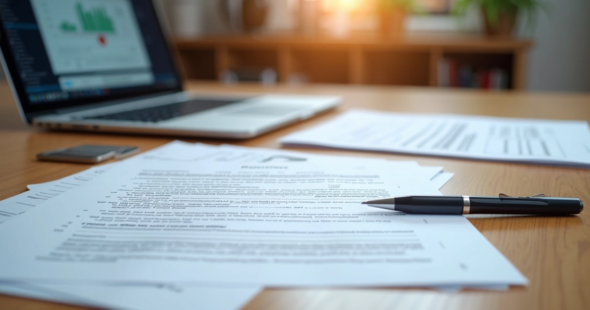 Mesa com documentação organizada para habilitação em licitação pública, incluindo contratos, certidões fiscais e cadernos técnicos, com computador e caneta ao lado 