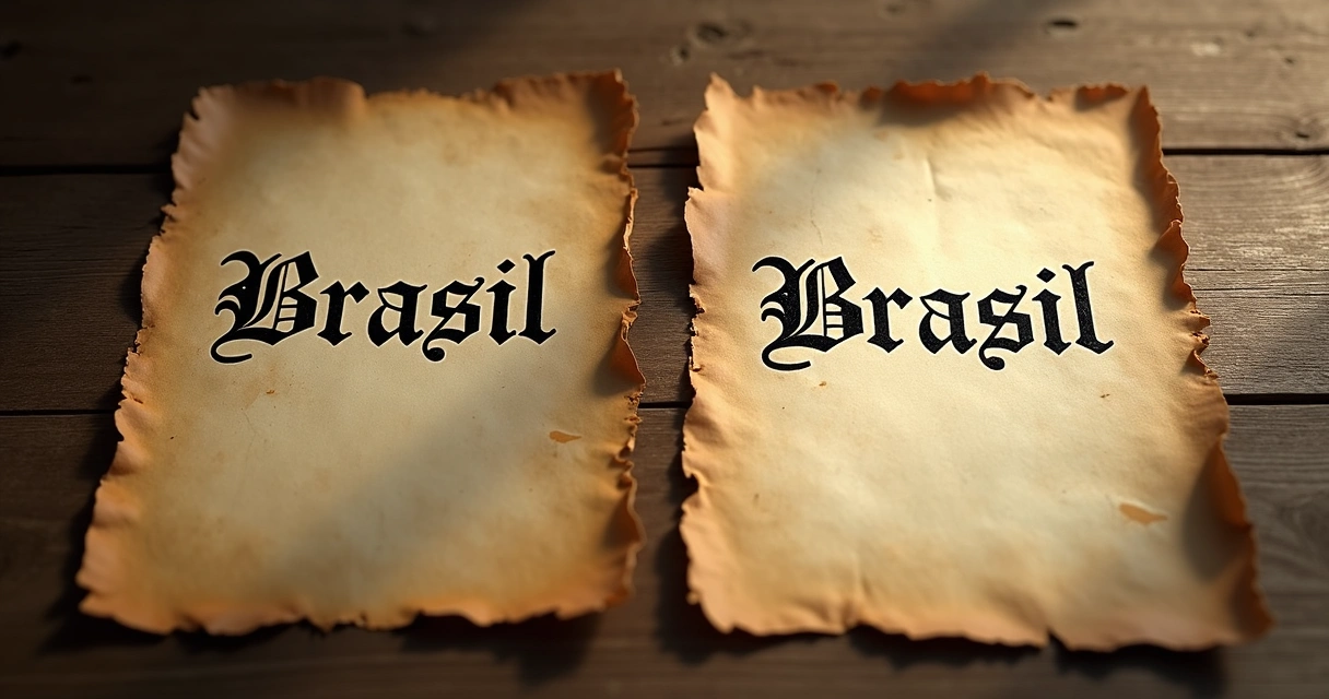 Documentos antigos com o nome Brasil e Brazil lado a lado. 