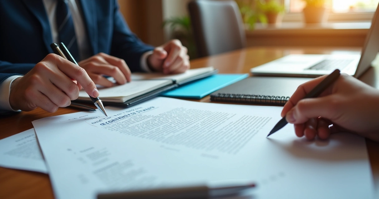 Contratos e documentos em mesa de reunião de holding 