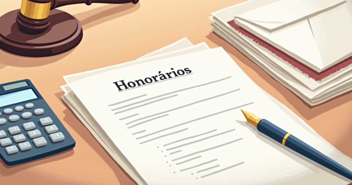 Mesa com documentos, calculadora e contrato de honorários 