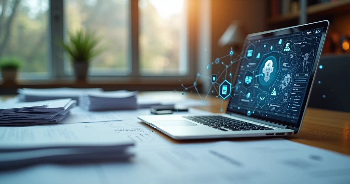 Mesa de escritório com documentos, notebook e ícones digitais flutuando 