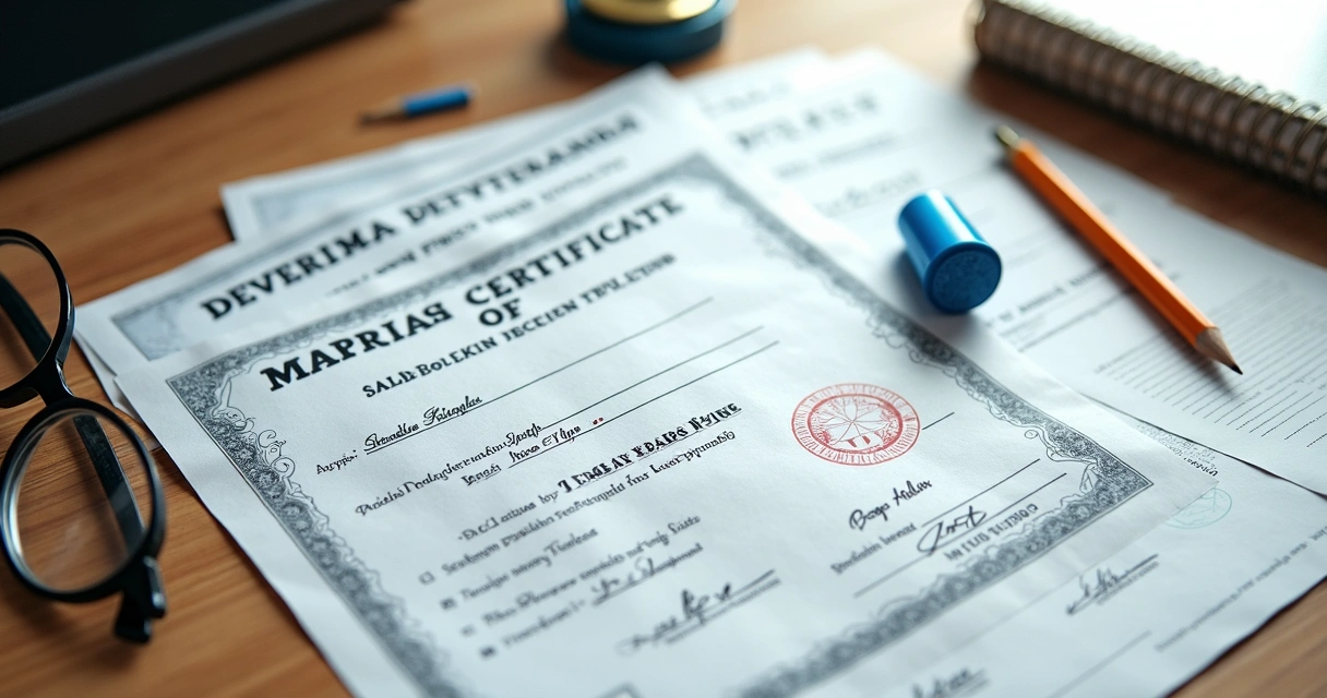 Documentos de imigração organizados em uma mesa com lápis e carimbos 