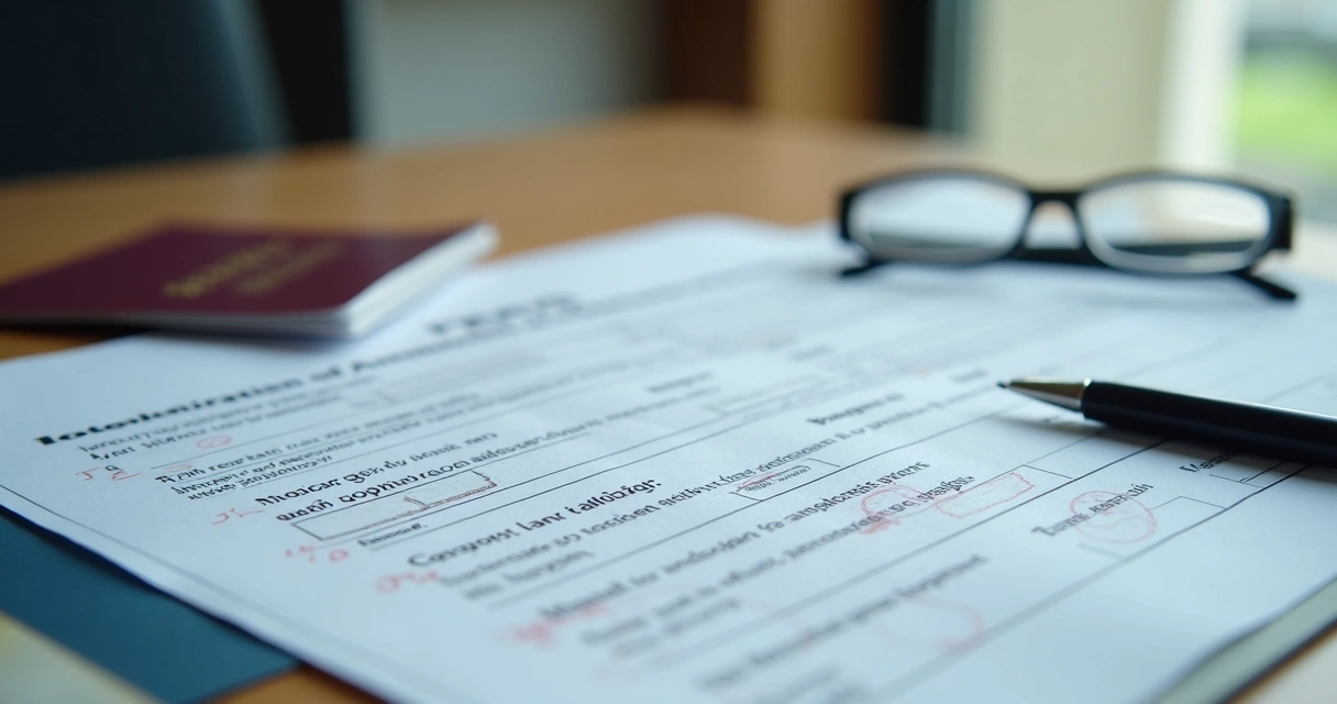 Documentos migratórios e carimbo sobre mesa de escritório 