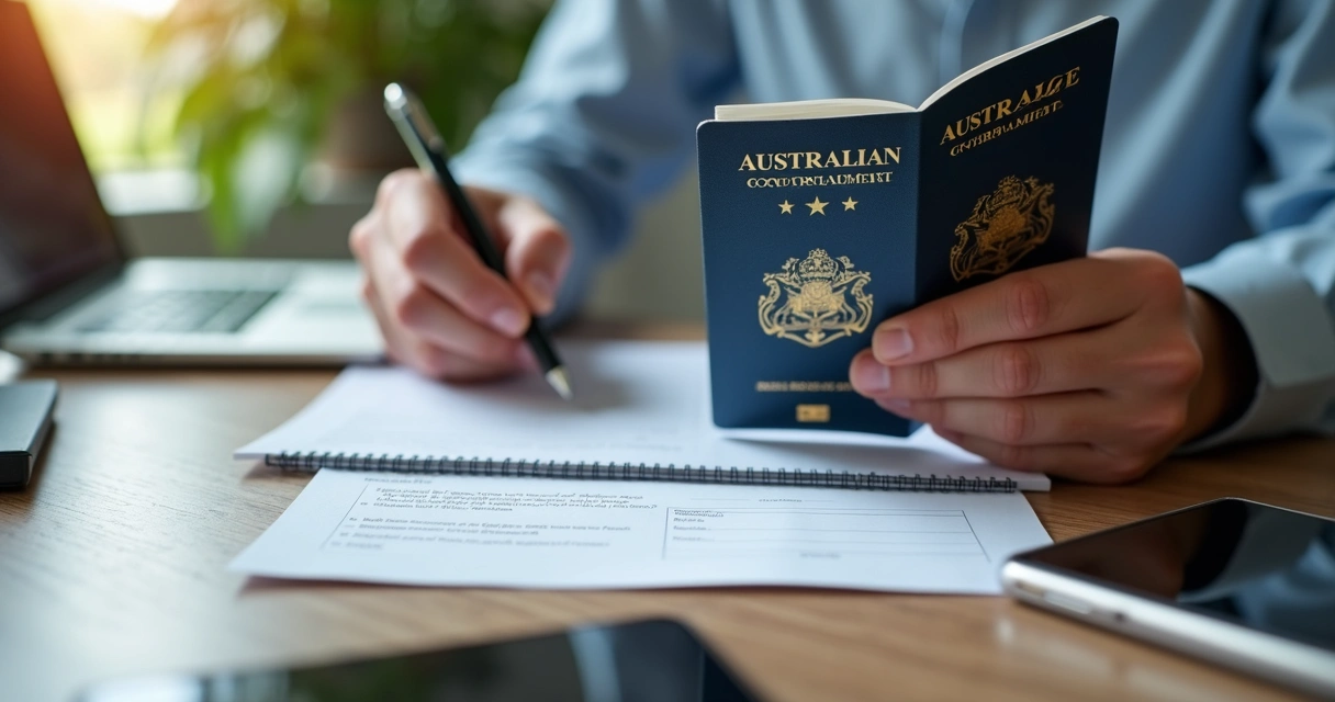 Pessoa analisando documentos de imigração com laptop 