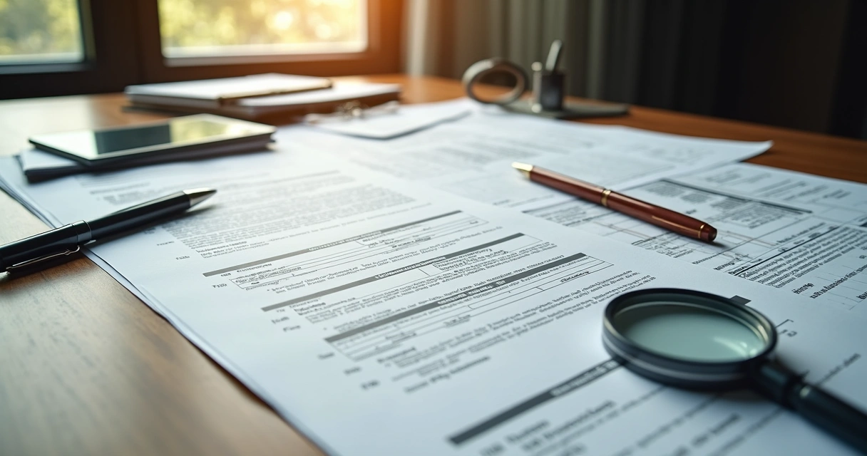 Conjunto organizado de documentos de imóveis sobre uma mesa 
