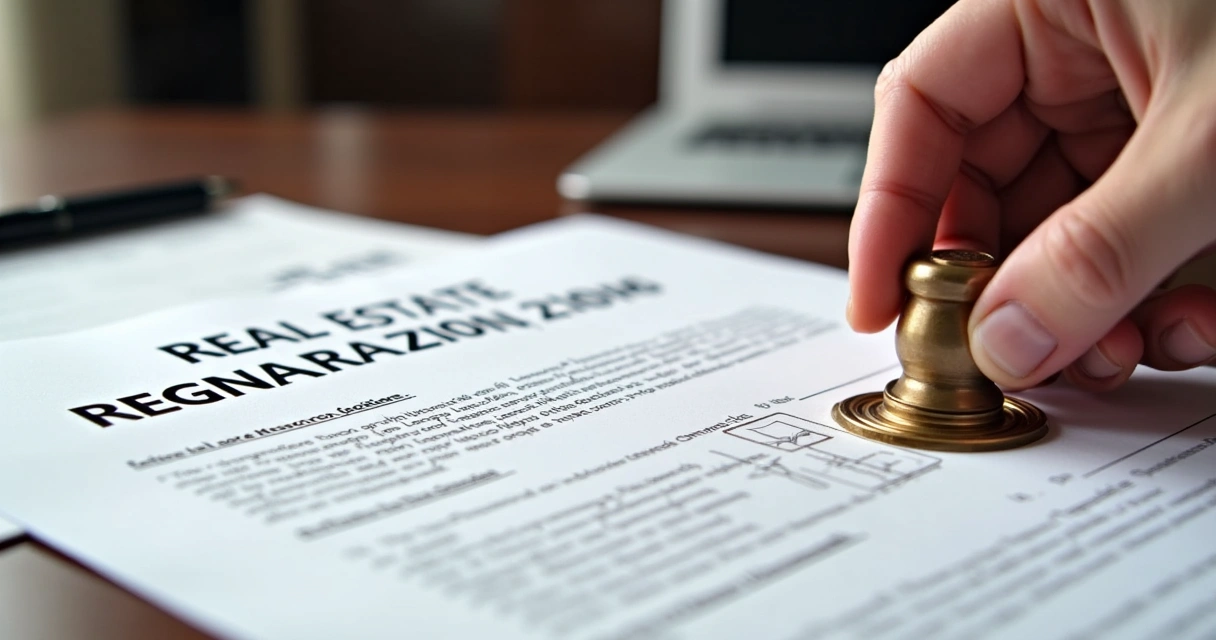 Documentos de regularização imobiliária assinados, carimbo de cartório em destaque 