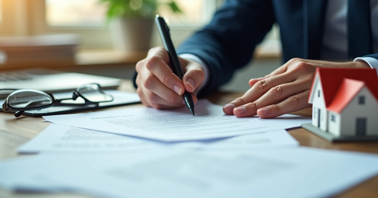 Mesa com papéis de contrato imobiliário e mãos assinando documento 