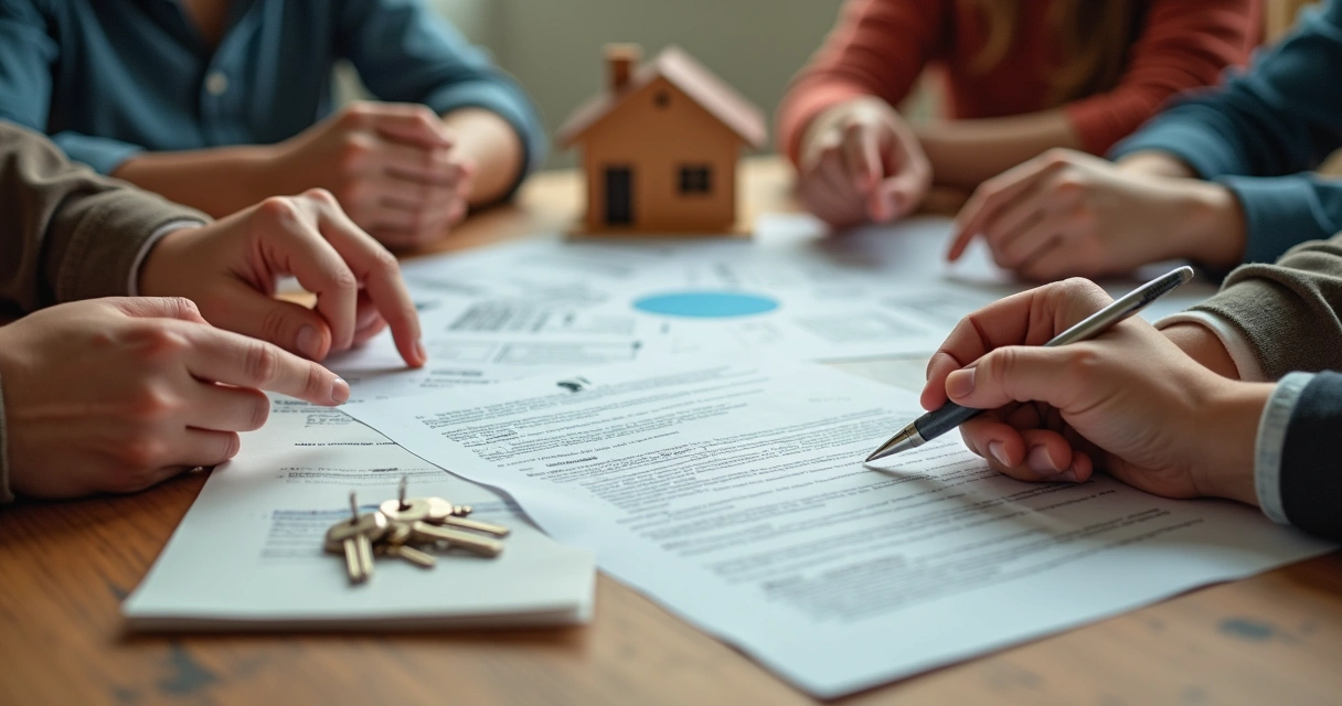 Table with documents, property key, and people deciding together 