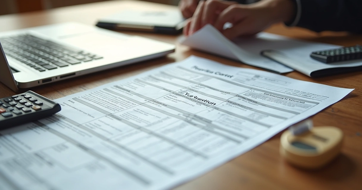 Documentos e taxas imobiliárias organizados sobre uma mesa, próximos a um contrato de compra de imóvel 