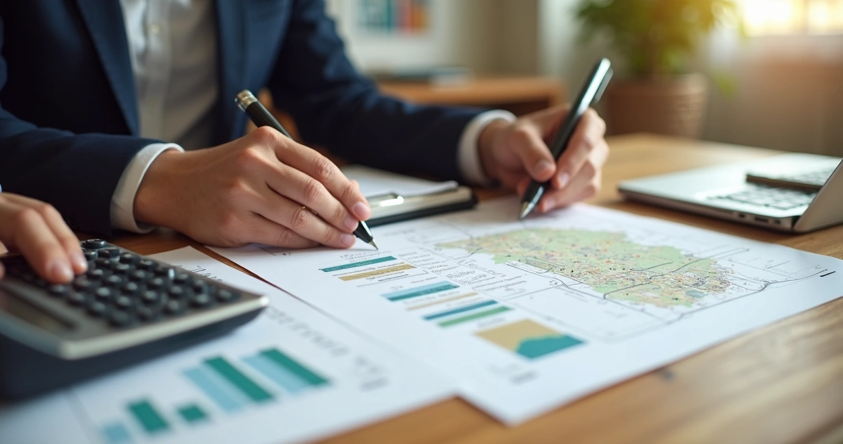 Mesa organizada com documentos imobiliários, um contrato sendo assinado e calculadora 