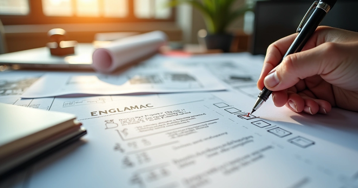 Mesa com documentos imobiliários e carimbo 