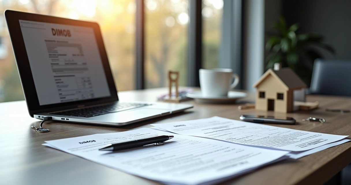 Mesa de escritório moderna com documentos imobiliários e laptop 