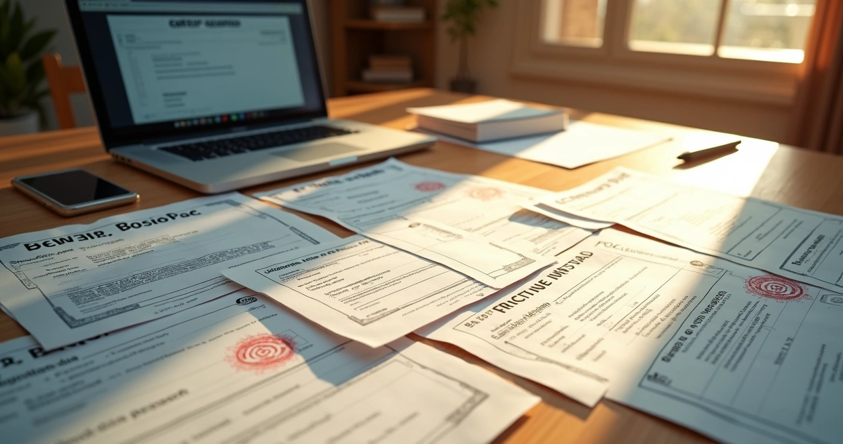 Pilhas de documentos e certidões sobre uma mesa, com computador ao lado 