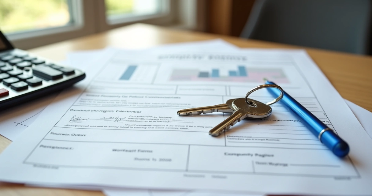 Documentos de imóvel organizados sobre mesa de madeira clara 