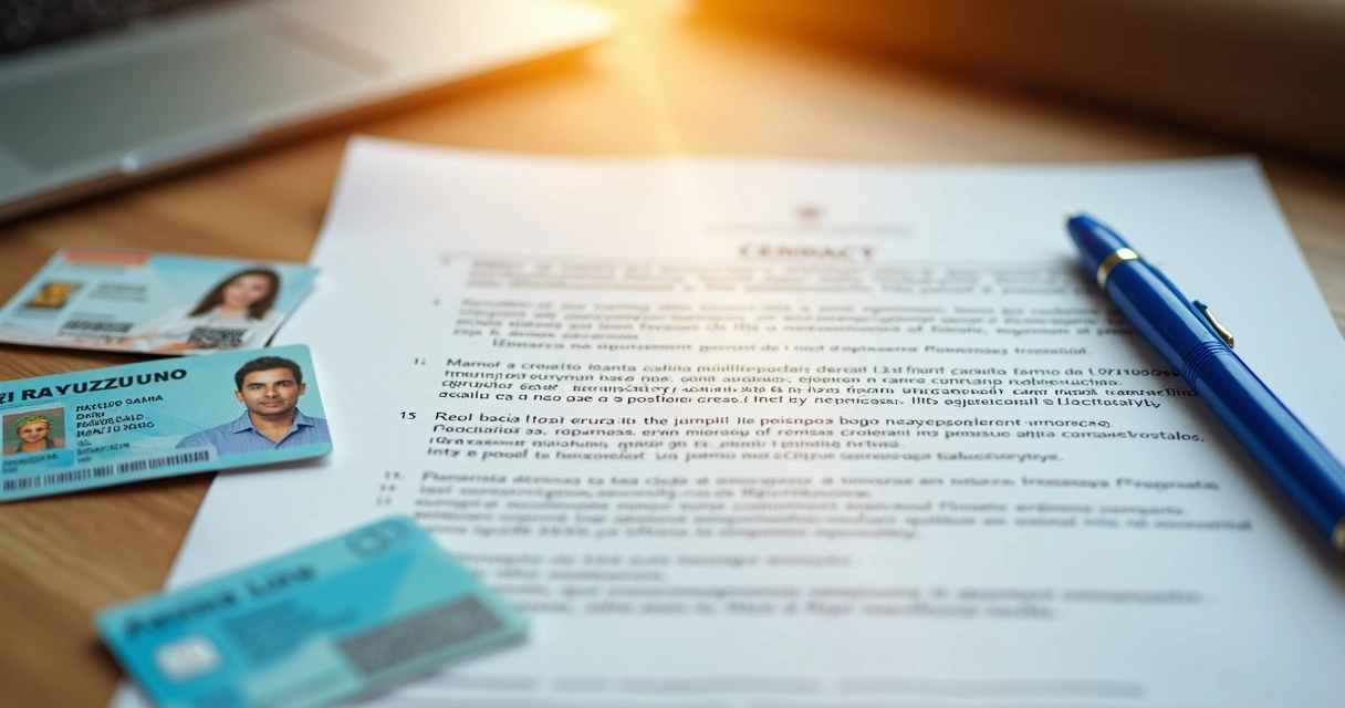 Documentos de imóvel e contrato sobre uma mesa 