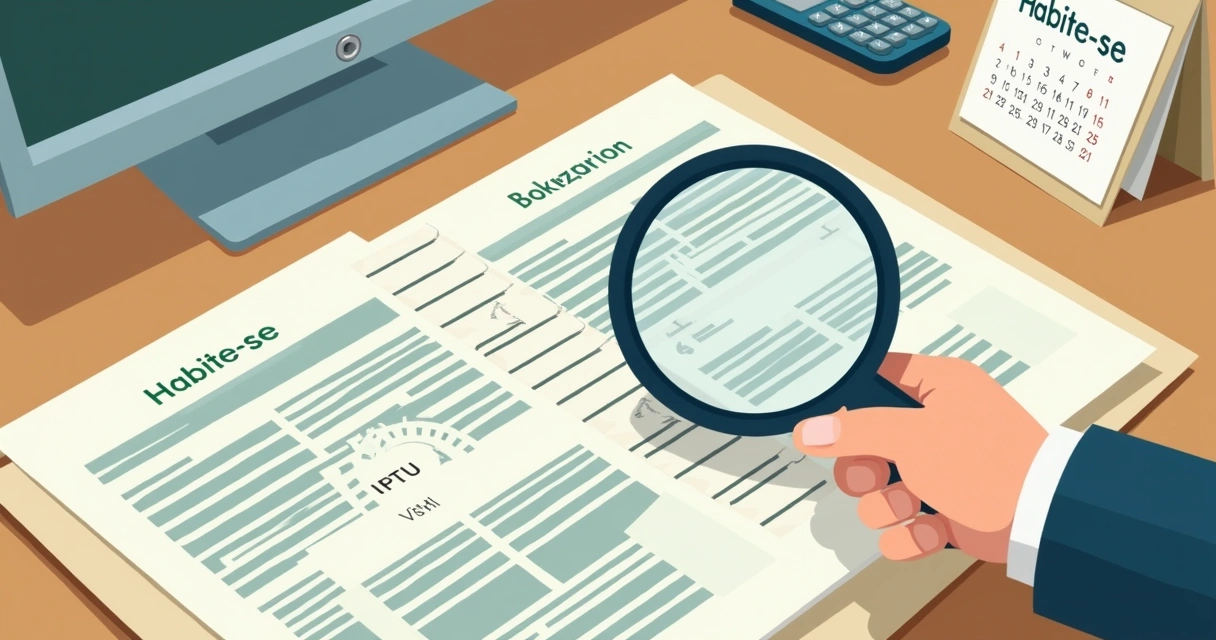 Documentos de imóvel sendo analisados em uma mesa 