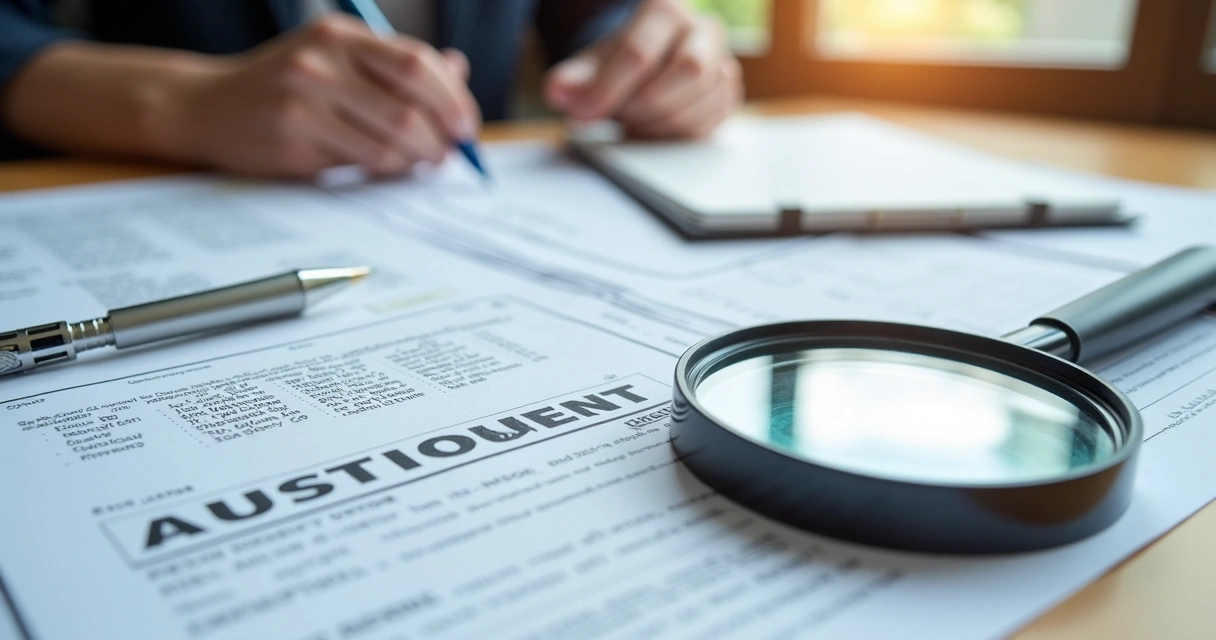 Documentos do imóvel e edital de leilão sob uma mesa de madeira